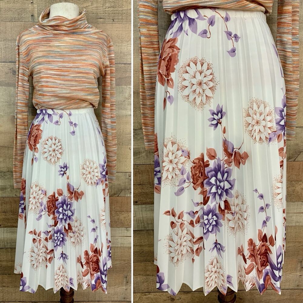 Vintage 1970s Floral Boho Pull On A-line Polyester Elastic Waist Skirt Medium